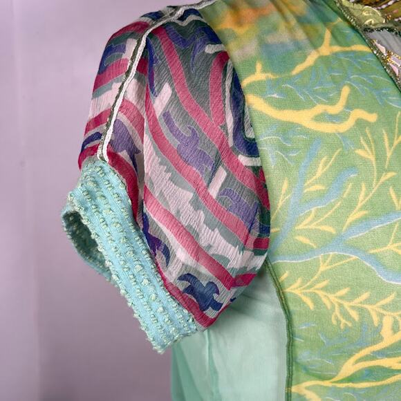 Vintage Paul Ropp Embroidered Patchwork Full Zip Top Shirt 3 Green Short Sleeve - Picture 7 of 8